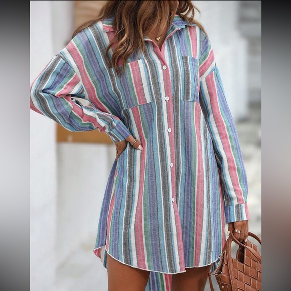 Colorful Striped Print Button Down Shirt Dress WITHOUT BELT - Picture 9 of 9